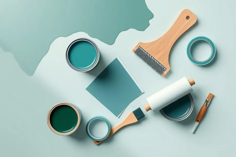 Pots de peinture, nuancier, brosses et rouleaux disposés à plat