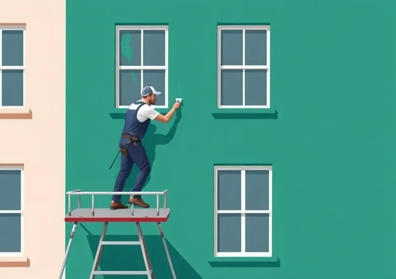 Peintre sur échafaudage traitant la façade d'une maison