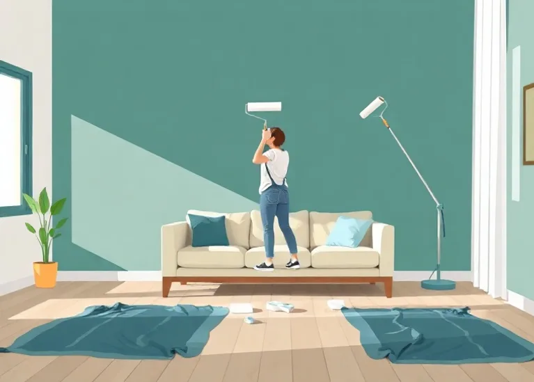 Peintre appliquant la peinture au rouleau sur un mur de salon